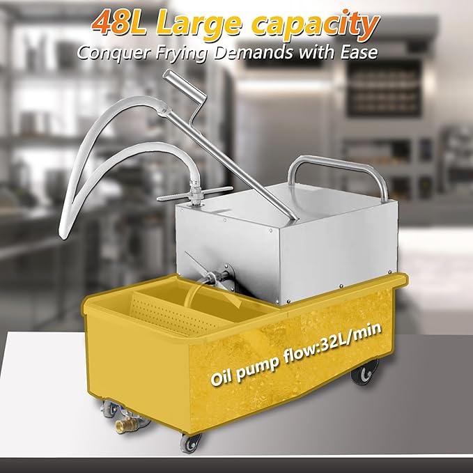 Hakka Deep Fryer Filter Machine with Oil Drain, Commercial Mobile Oil Filter System 550W For Restaurant with 32L/min Flow Rate, 48L, 3/4 HP, Come with 5pcs Filter Paper