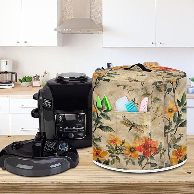 Dragonfly Yellow Flower Air Fryer Cover Dust Cover Compatible with Instant Pot Dust Protection Kitchen Appliance Cover Pockets Halloween Gifts for Kitchen Decor