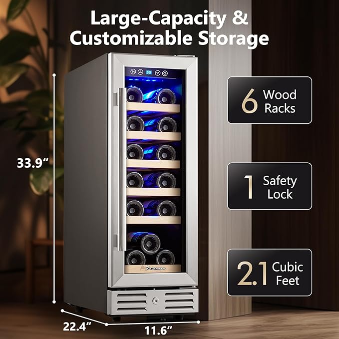 Kalamera Wine Fridge 18 Bottle - 12 inch Mini Cooler Refrigerator, Built-in or Freestanding, with Stainless Steel & Double-Layer Tempered Glass Door, and Temperature Memory Function