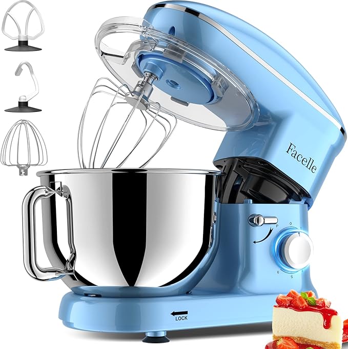 Facelle Stand Mixer, Electric Kitchen Mixer, 660W 6 Speed Tilt-Head stand mixer with Pulse, Attachments include 6.5QT Bowl, Dishwasher Safe Beater,Dough Hook,Whisk for Dough,Baking,Cakes,Cookie-Blue