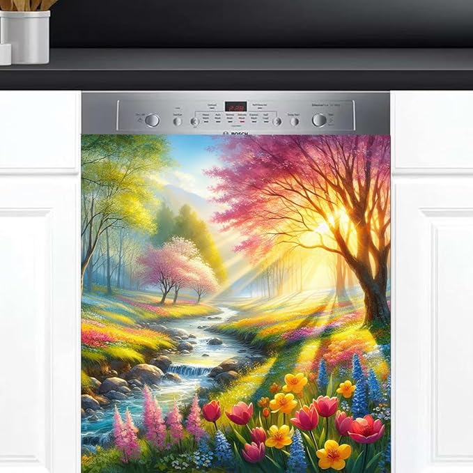 Dishwasher Magnet Cover Flower Forest Rainbow Dishwasher Decorative Cover Front Dishwasher Door Cover Reuseable Dishwasher Cover Panel Decal for Kitchen Refrigerator Home Appliances 23" X 26"