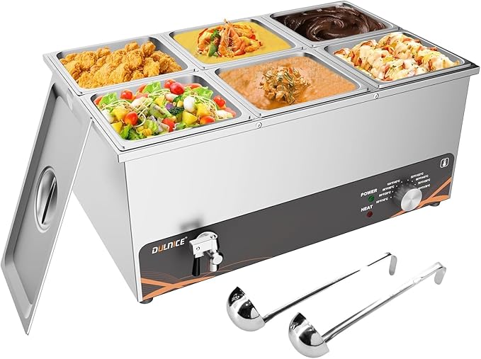 Commercial Food Warmer, 6 Pan 25QT Bain Marie Stainless Steel Electric Food Warmers, 1500W Buffet Warmer Soup Warmer with Temperature Control, Tap, Soup Spoon, for Catering Parties Restaurants