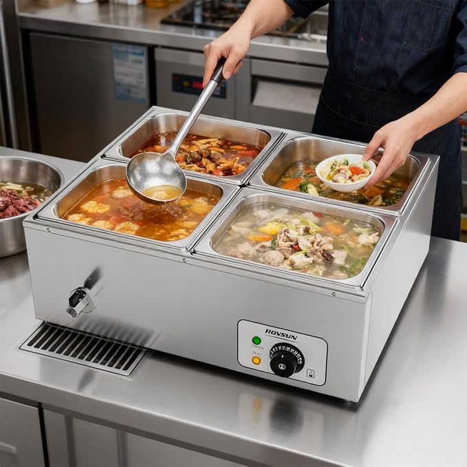 ROVSUN 42.3QT 1200W Electric Commercial Food Warmer, 4-Pan Steam Table 10.6 QT/Pan Stainless Steel Bain Marie Buffet Countertop with Temperature Control & Lid for Parties, Catering, Restaurants 110V