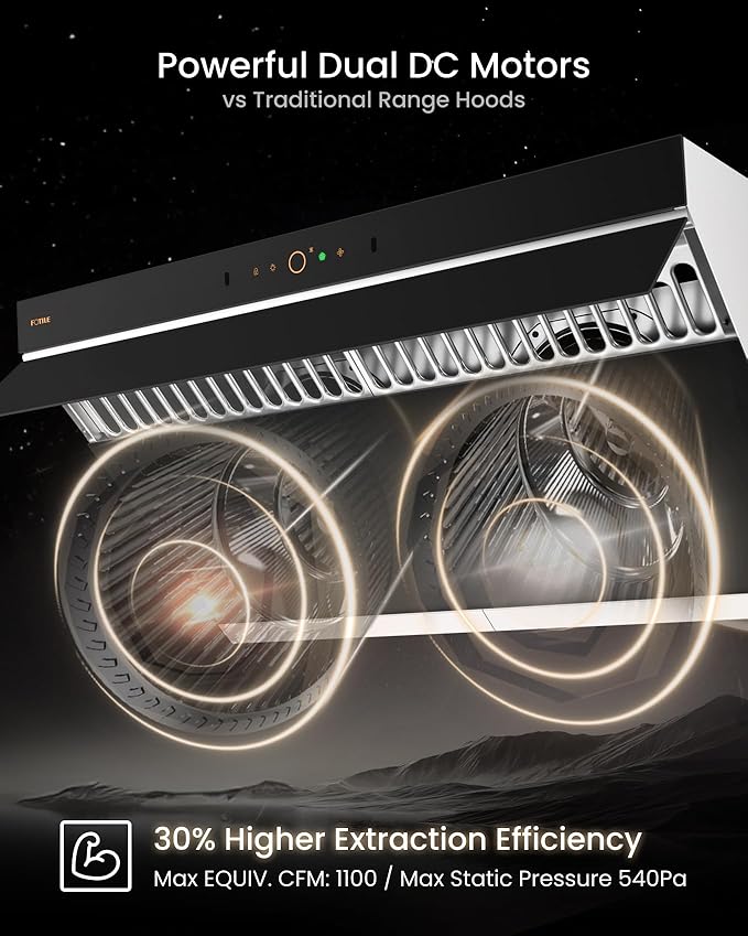 FOTILE JQG9007 36" Under Cabinet or Wall Mount Kitchen Range Hood 1100 CFM 4 Speed Level with LED Lights, Fingerprint Resistance and Motion Control