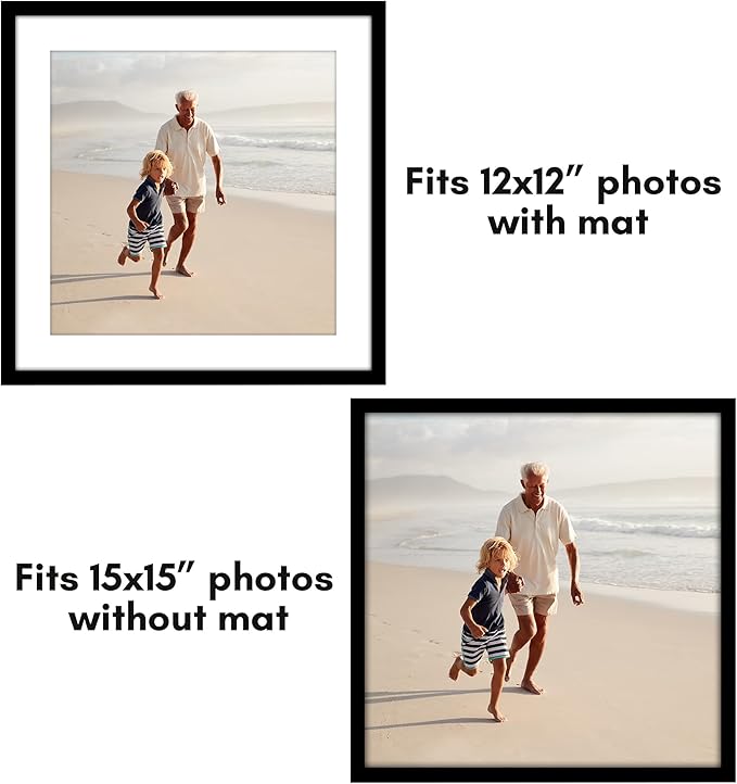 Americanflat 15x15 Picture Frame with Polished Plexiglass - Set of 5 - Use as 12x12 Frame with Mat or Display 15x15 Photo Without Mat - Galleria Collection - Square Frames for Wall Display - Black