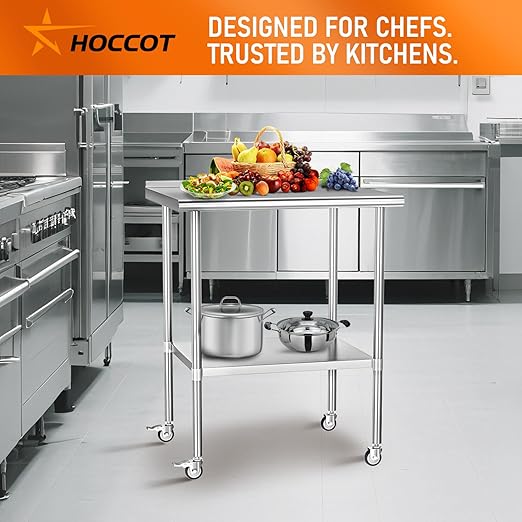 Stainless Steel Prep Table 30" X 30" with Adjustable Undershelf, Backsplash and Wheels, Commercial Metal Workstations for Kitchen, Garage, Outdoor BBQ