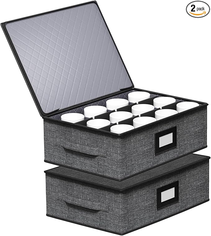 Aokeyee 2-Pack Mug & Cup Storage Box, Hard Shell Storage Container - Holds 24 Coffee Mugs, Teacups & Glasses, Stackable with Lid, Handles, Zippers & Label Slot, for Moving & Protection, Grey