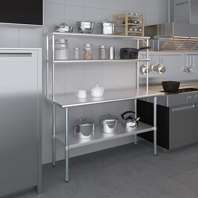 Amgood Stainless Steel Work Table Double Tier Overshelf | Metal Kitchen Prep Table & Shelving Combo (24" x 60" Work Table + 12" Overshelf)