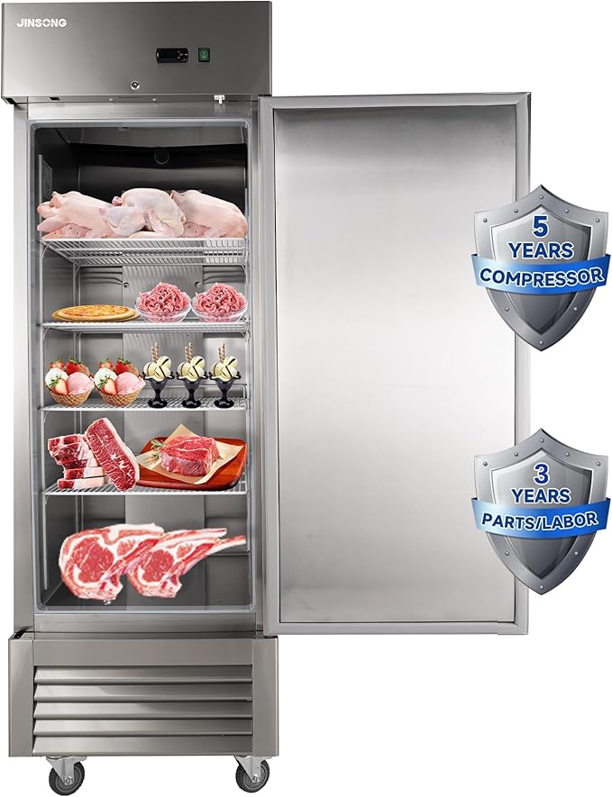 JINSONG 27" Commercial Reach-In Freezer, 23 Cu.Ft Stainless Steel Single Solid Door Freezer with 4 Adjustable Shelves & 4 Casters, for Restaurant, Bar, Shop, Home