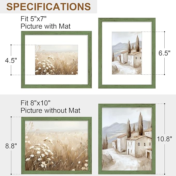 Vittanly 8x10 Picture Frame Set of 2, Solid Wood Frame for Wall or Tabletop, Display Photo 5x7 with Mat or 8x10 without Mat, Rustic Green
