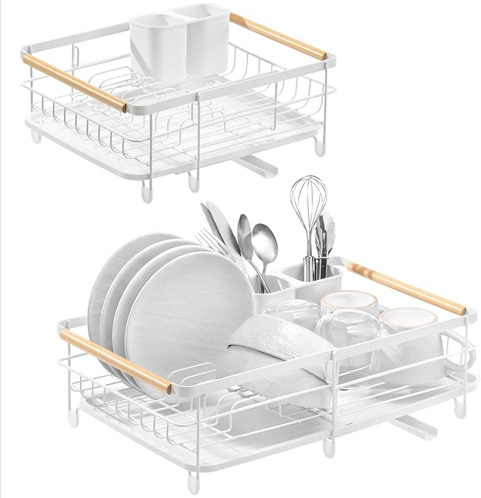 Navaris Expandable Dish Rack - Adjustable Draining Board for Drying Dishes - Removable Plates and Cutlery Holder - Kitchen Sink Washing Up Drainer with Plug and Drip Tray - White