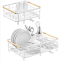 Navaris Expandable Dish Rack - Adjustable Draining Board for Drying Dishes - Removable Plates and Cutlery Holder - Kitchen Sink Washing Up Drainer with Plug and Drip Tray - White