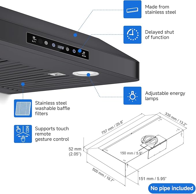 AMZCHEF Under Cabinet Range Hood 30 Inch, 750CFM Stainless Steel Kitchen Stove Vent Hood 3 Speed Exhaust Fan Touch/Remote/Gesture Control LED lights Time Setting Dishwasher-Safe Baffle Filters-Black
