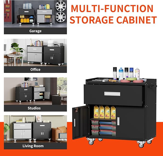 Black Metal Garage Storage Cabinet With Wheels, Lockable Tool Cabinet With Shelves, Rolling Metal Cabinet for Warehouse, Home