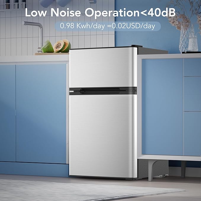 3.2 Cu.Ft Mini Fridge with Freezer, Compact Refrigerator with 2 Doors, Small Fridge with Adjustable Thermostat & Removable Glass Shelves for Bedroom, Office, Dorm, or Apartment, Silver
