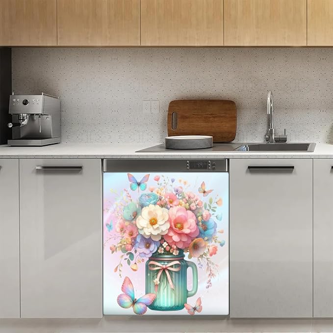 Flower Butterfly Dishwasher Magnet Cover for The Front Dishwasher Door Cover Panel Decals Magnetic Refrigerator Cover for Kitchen Farmhouse Home Decor 23 X 26 in