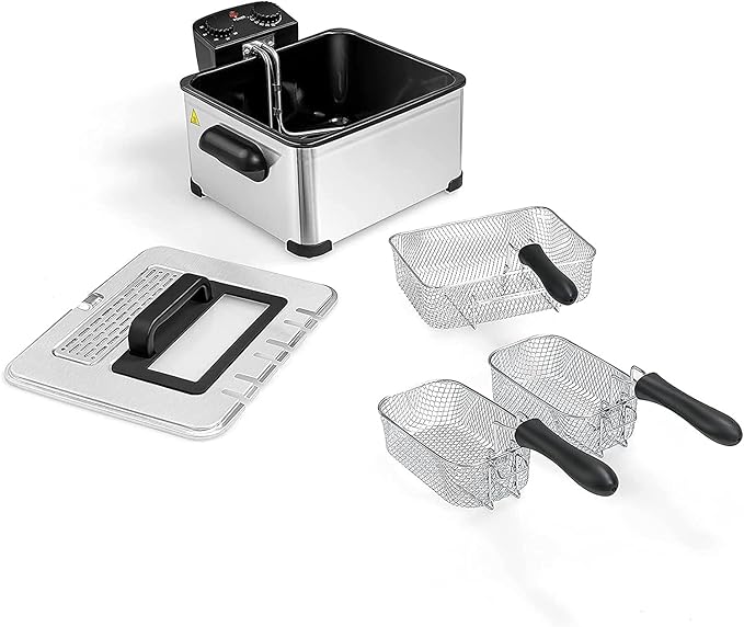 5.3QT Electric Deep Fryer with 3 Baskets, SIMOE 5L Stainless Steel Deep Fryer w/60 Timer & Lid with View Window, Home Countertop Oil Fryer w/Temperature Control for Kitchen, Party, French Fries