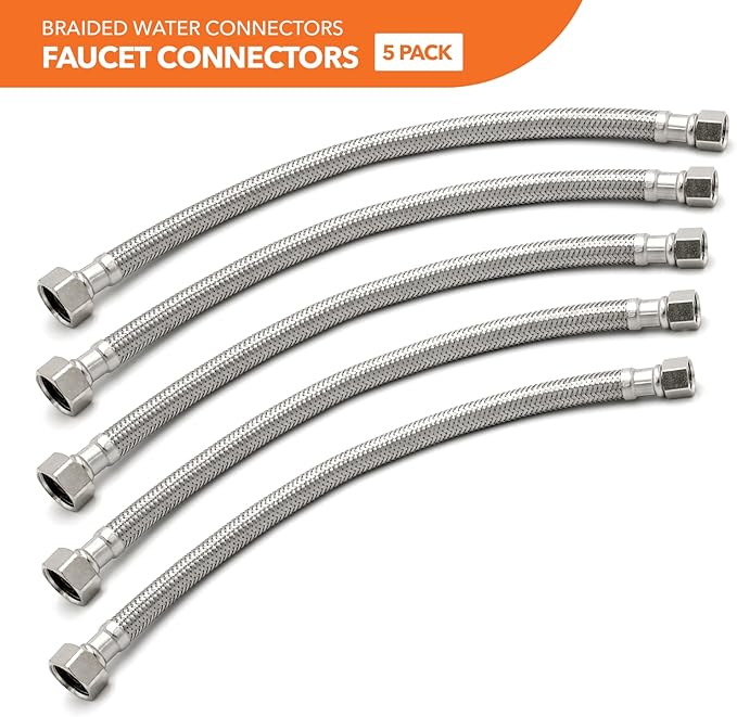 Stainless Steel Braided Water Connectors with Reinforced PVC Inner Hose for Faucets, 3/8" Compression x 1/2" FIP, 16" Length (5Pack)