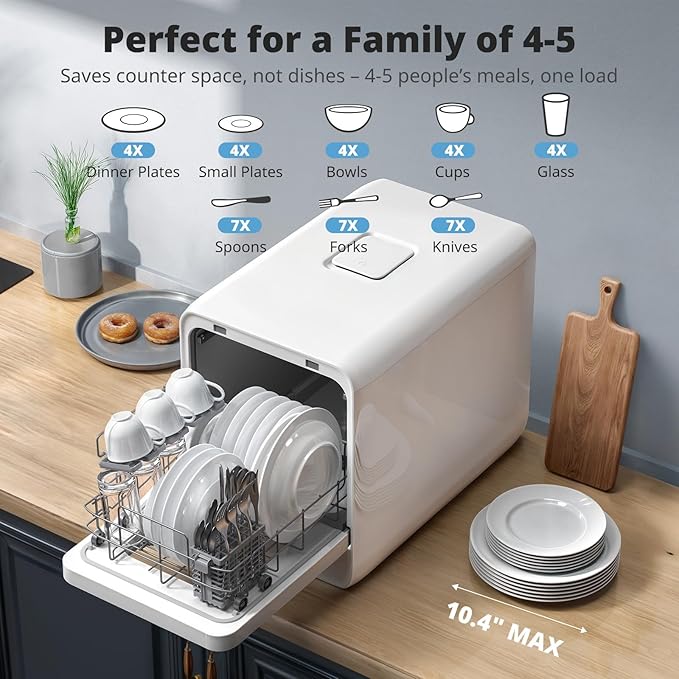 AIRMSEN Narrow Countertop Dishwasher with 5L Water Tank, Portable Dishwasher with 14.6" Narrow & 20.1" Deep Design, 9 Programs, 24H Delay Start & 360° Dual Spray, No Hookup Needed, C01, White