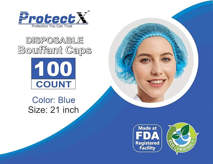 ProtectX 100-Pack Blue Disposable Hair Nets, Elastic Head Cover, Bouffant Caps, Sanitation Head Cover for Food Service, Spa Men & Women - 21 inch
