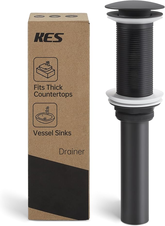 KES Bathroom Sink Drain with Extended Thread, All Metal Pop Up Drain Stopper without Overflow for Thicker Vessel Sinks and Countertops, Brass and Stainless Steel Matte Black, S2022D-BK