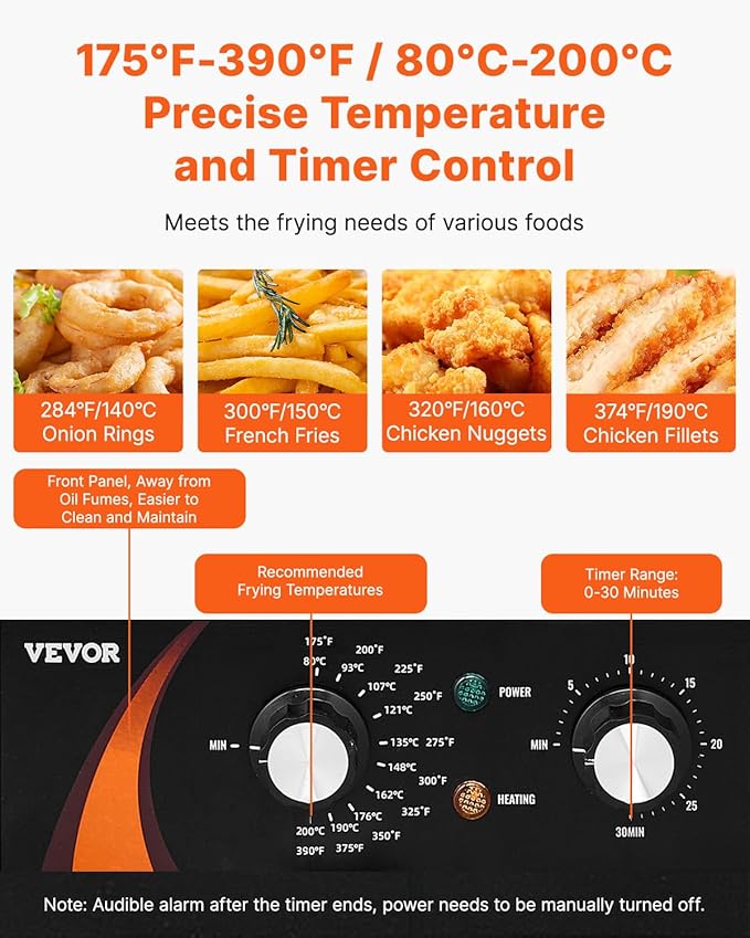 VEVOR Commercial Deep Fryer, 9Qt /8.5 L Single Oil Fryer, 1mm Thickened Stainless Steel, 1750W Electric Countertop Fryer with Basket, Time & Temp Control, for Kitchen Restaurant Use, Silver