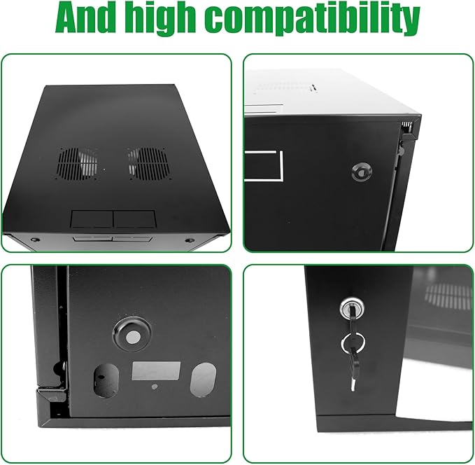 6U Server Cabinet Wall Mount Rack Enclosure with 2 Server Fans Locking Glass Door Removable Side Panels 19in Network Cabinet 13" Installation Depth for Computer/Audio Video/Data Equipment(13INCH, 6U)