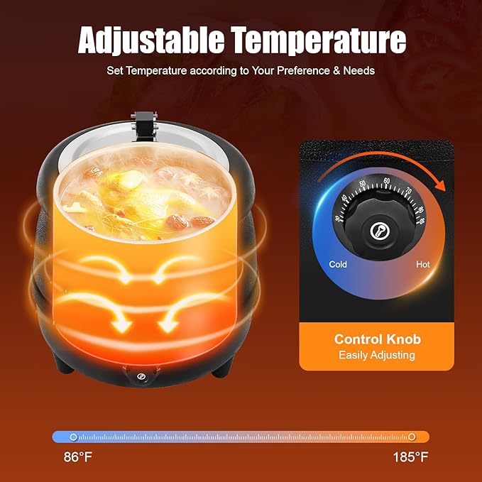 10.5QT Soup Warmers, Electric Soup Pot Commercial Soup Kettle with Stainless Steel Hinged Lid and Detachable Insert Pot, Temperature Control Knob for Restaurants and Party, Catering (Black)