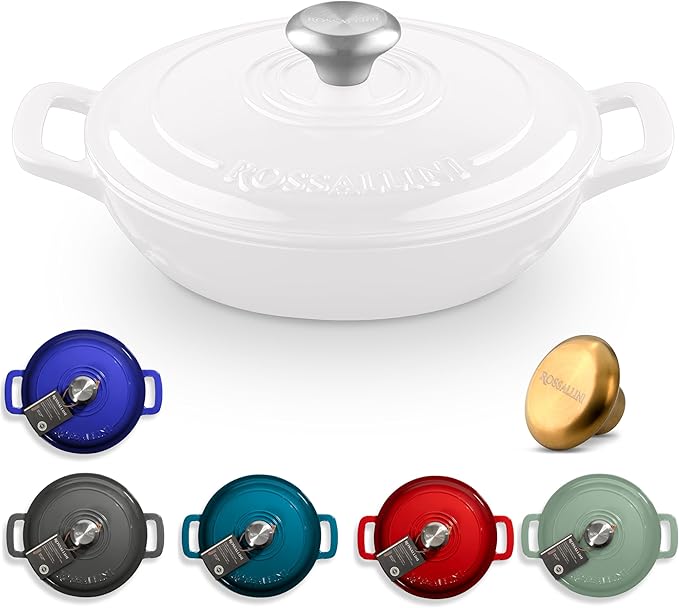 Signature Enameled Cast Iron Braiser, Non-Stick Serving Pot with Tight Fitting Lid for Perfect Roasting, Baking, Sauteing, Searing, and Pan Frying | 5Q (4.7L) - White