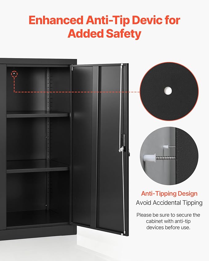 VEVOR Metal Storage Cabinet, 41.7 in Steel Garage Cabinet with 2 Adjustable Shelves, 2 Magnetic Doors & 2 Keys, 3 Tiers Lockable Tool Storage for Pantry, Warehouse, Basement, Office, Black