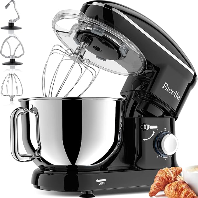 Facelle Stand Mixer, Electric Kitchen Mixer, 660W 6 Speed Tilt-Head stand mixer with Pulse, Attachments include 6.5QT Bowl, Dishwasher Safe Beater,Dough Hook,Whisk for Dough,Baking,Cakes,Cookie-Black