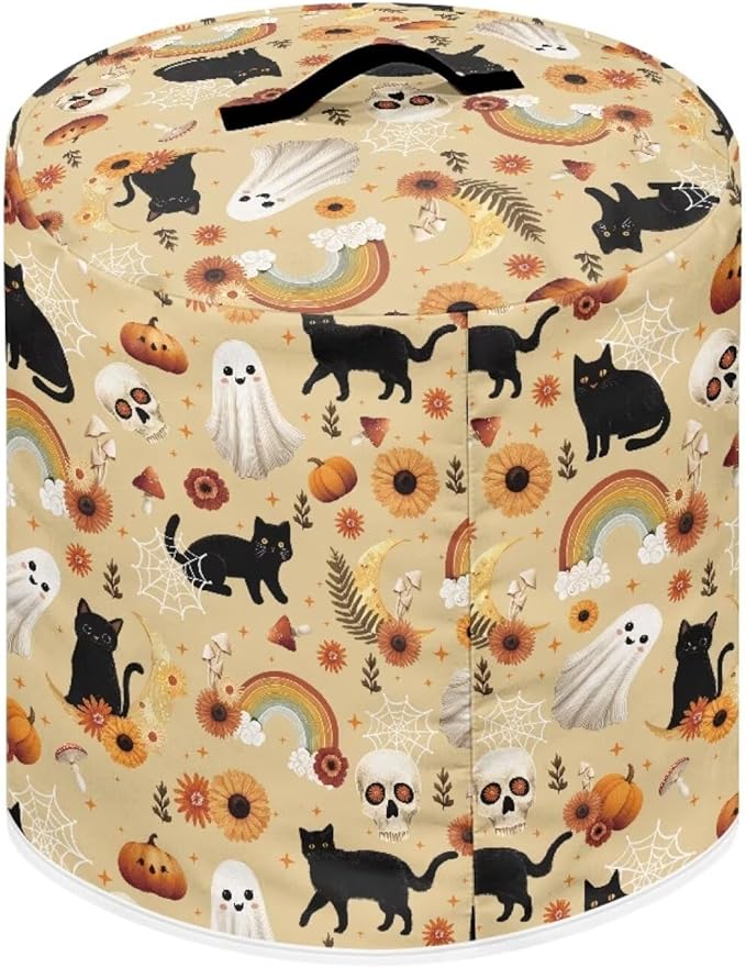 Halloween Theme Kitchen Appliance Protector Cover Bag 3 Quart Pressure Cooker/Air Fryer/Rice Cooker Dust Cover with Top Handle and Storage Pocket Black Cat Ghost Print