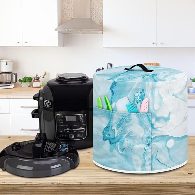 Cover for 6 Quart Pressure Cooker and Air Fryer, Stain Resistant Washable Protective Electric Appliance Cover with Front Pocket Kitchen Decoration, Light Blue Marble