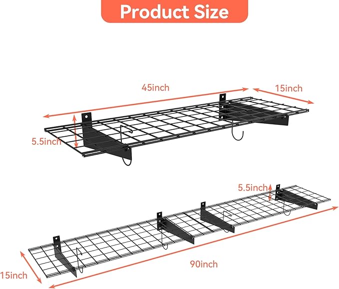 TORACK 2 Pack Garage Wall Shelves, 15" x 45" Wall Mounted Wire Shelves for Garage Heavy Duty Wall Shelving(Pack of 2, Black)