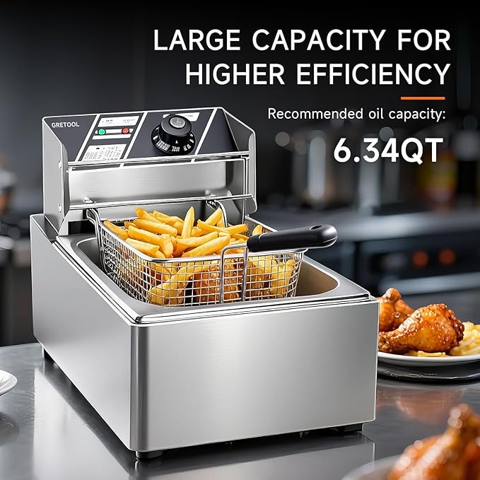 Electric Fryer 10L/10.5QT Stainless Steel Single Can Commercial Fryer with Basket, 2500W 110V Countertop Fryer for Home Kitchen and Restaurant with Oil Thermometer and Temperature Control
