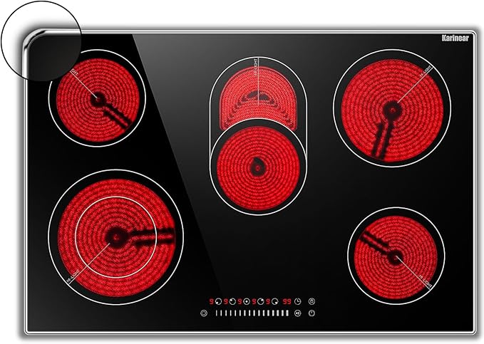 Karinear Electric Cooktop 30 Inch, 8400w 5 Burners Electric Stove Top, Built-in Ceramic Cooktop with Glass Protection Metal Frame, Multifunctional Stove for 220-240v, Hard Wire, No Plug