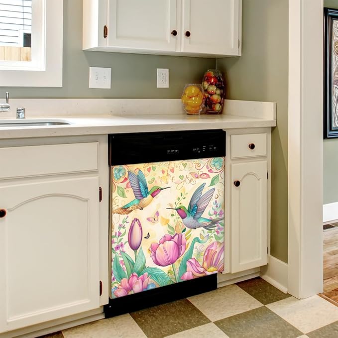 Hummingbird Butterfly Flower Dishwasher Magnet Cover, Reusable Refrigerator Panel Stickers Microwave Front Door Covers Magnets for Kitchen Home Appliances Holiday Party Decorations 23 X 26 in