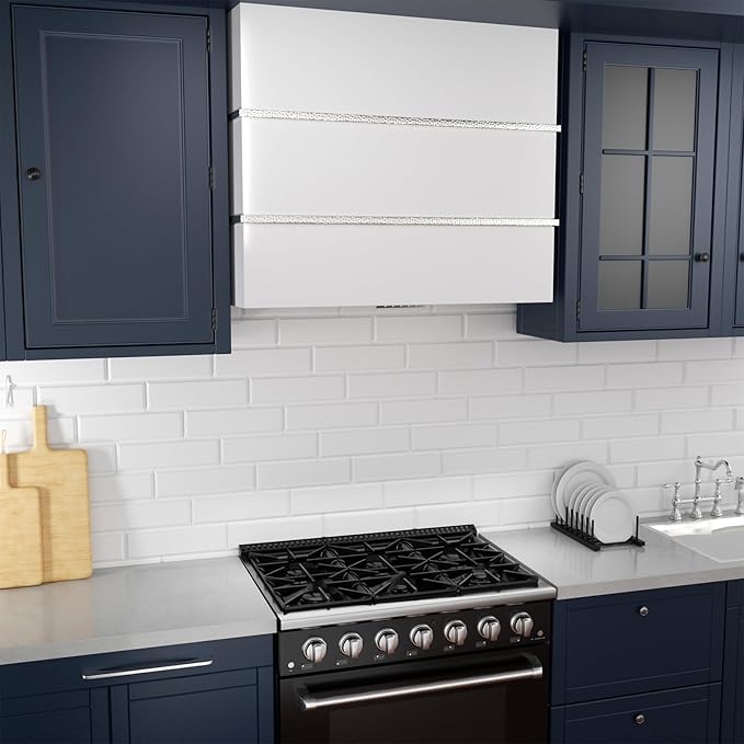 Akicon Range Hood 36 Inch, Stainless Steel Ducted Kitchen Hood with Powerful Motor, Wall Mount Modern Box, 36W X 30H X 14D Inch, AK-HS36HA-SWN (Signal White with Nickel)