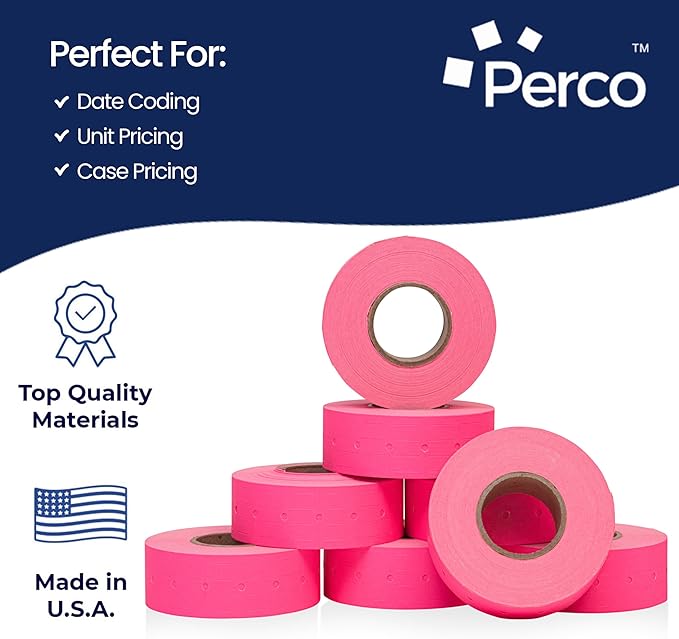 Perco 1 Line Fluorescent Pink Labels - 8 Rolls, 1 Sleeve, 8,000 Blank Price and Date Gun Labels for Perco Lite, X, Plus and Pro 1 Line Price and Date Guns - Made in USA