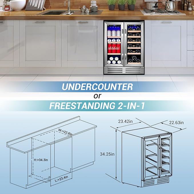 Wine and Beverage Refrigerator, 24 Inch Dual Zone Wine Beverage Cooler Under Counter with Glass Door&Lock, 18 Bottles and 68 Cans Large Capacity for Beer Soda Drink, Built-In or Freestanding Fridge