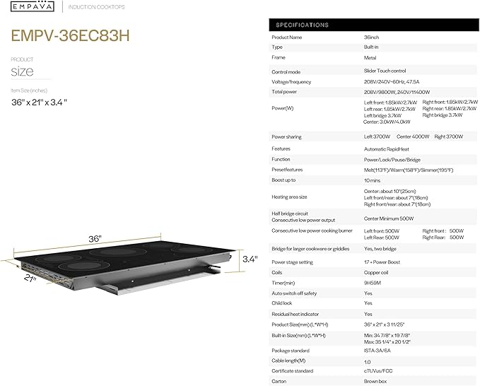 Empava Built-In Electric Induction Cooktop 36 Inch, Bridge-SYNC Element, Auto RapidHeat, 3 Preset Modes, Pan Sensor, Hardwired 208~240V, 50A, Black Vitro Ceramic Glass