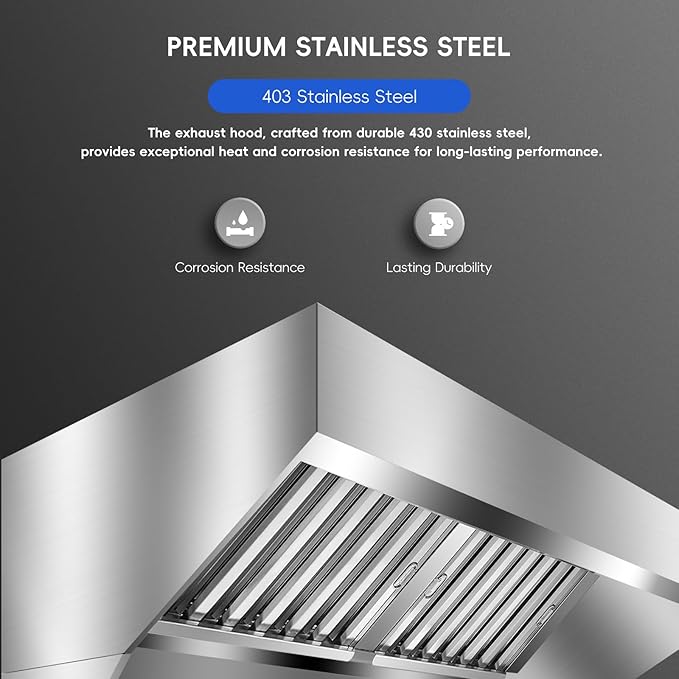 8FT Commercial Kitchen Exhaust Hood, Wall Mount Stainless Steel Vent Hood with Detachable u-Shaped Grease Filters, Rust-Resistant Restaurant Range Hood for Food Truck Cooking Station Concession Traile