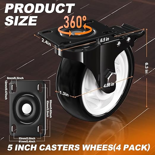 5 Inch Heavy Duty Casters, 2600lbs Capacity (Set of 4) - Industrial Swivel Caster Wheels with Brakes for Workbenches, Carts & Furniture - Floor Protecting & Quiet Roll