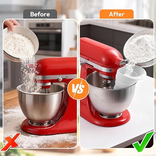 2 Pack-Silicone Flour Funnel for KitchenAid Mixer, Foldable Pouring Chute with Hanging Hole, 12.5 x 11.6 Inch, Dishwasher Safe Baking Accessory, White