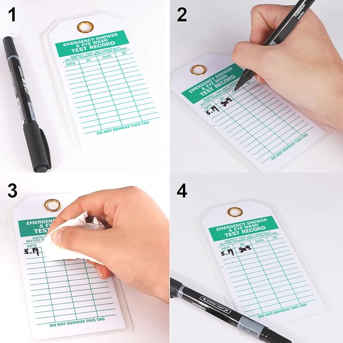 Lionshop Heavy Duty Emergency Shower and Eyewash Test Record, Double-Sided Inspection Record Tag, 5.75" Height x 3" Width, 0.375" in Brass Eyelet Size, Green Ink on White (Pack of 50)