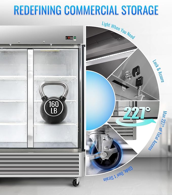 54" W Commercial Refrigerator, 49.6 Cu.ft Reach-In Double Door Stainless Steel commercial fridge, 6 Shelves, Fan Cooling, Auto Defrost, Digital Thermostat - Ideal for Restaurant, Bar, Cafe, Shop