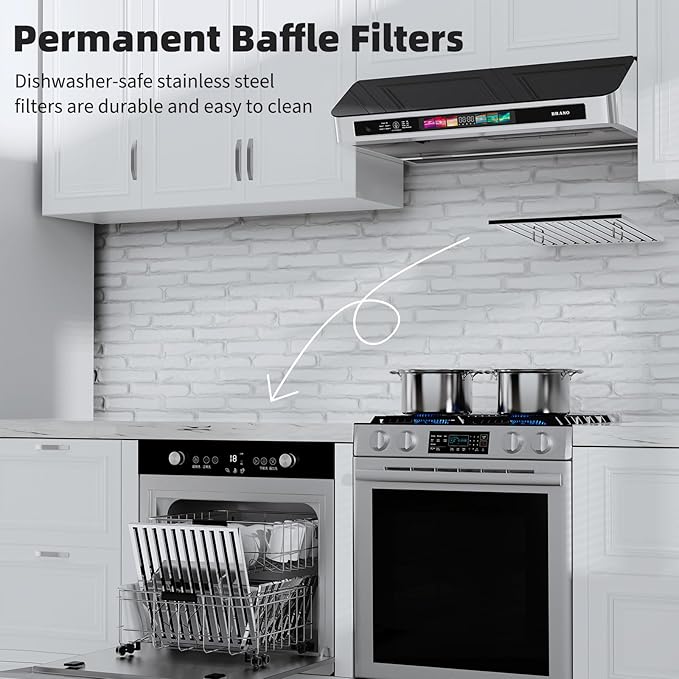 Under Cabinet Range Hood 36 Inch with Voice/Gesture/Touch Control, 900 CFM Stainless Steel & Upgraded Black Tempered Glass Ducted Kitchen Vent Hood with 4 Speed
