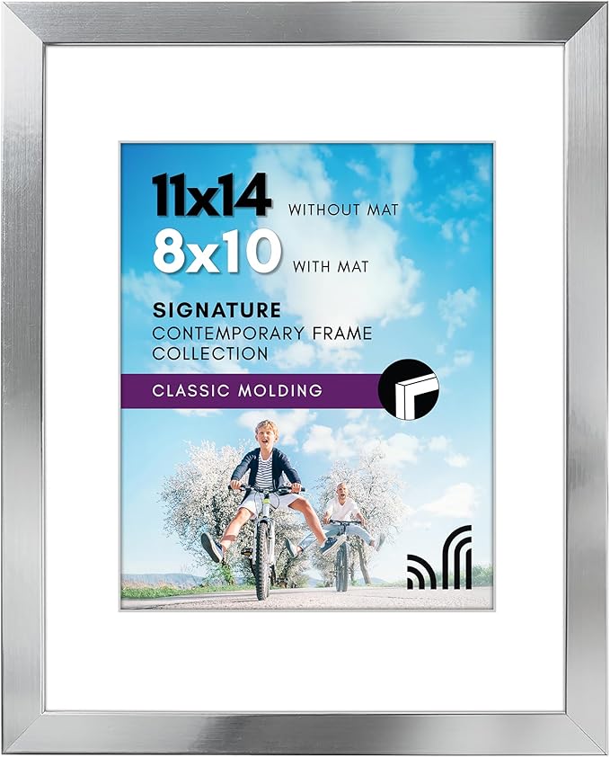 Americanflat 11x14 Picture Frame with Polished Crystal-Clear Glass - Use as 8x10 Frame with Mat or Display 11x14 Photo Without Mat - Signature Collection - Picture Frames for Wall Display - Silver