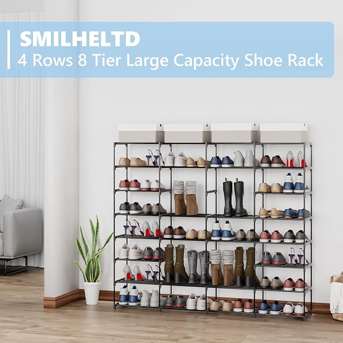 Large Shoe Rack 4 Rows 8 Tier 56-64 Pairs Big Shoes Storage Organizer Garage Entryway Hallway Front Doorway Shoe Shelves Space Saving for Whole Family (66.1" W x 49.2" H x 10.8" D)