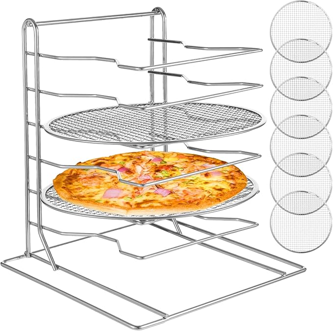 OMISTAR 6 Tier Pizza Rack With 6 Perforated 12 Inch Perforated Pizza Pans with Holes, 13.3' H x 12'' L x 12'' W Pizza Pan Rack Holder for Buffet Table, Easy Storage Multiple Pizzas (6 Tier)